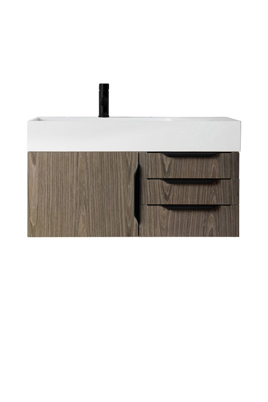 JAMES MARTIN 389-V36-AGR-MB-GW MERCER ISLAND 35 1/2 INCH SINGLE VANITY CABINET WITH GLOSSY WHITE COMPOSITE TOP - ASH GRAY
