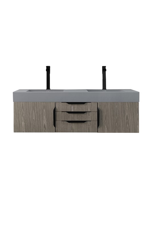 JAMES MARTIN 389-V59D-AGR-MB-DGG MERCER ISLAND 59 INCH DOUBLE VANITY CABINET WITH DUSK GREY GLOSSY COMPOSITE TOP - ASH GRAY