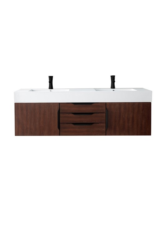 JAMES MARTIN 389-V59D-CFO-MB-GW MERCER ISLAND 59 INCH DOUBLE VANITY CABINET WITH GLOSSY WHITE COMPOSITE TOP - COFFEE OAK
