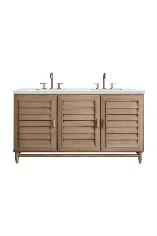 JAMES MARTIN 620-V60D-WW-3ENC PORTLAND 60 INCH DOUBLE VANITY CABINET WITH ETHEREAL NOCTIS QUARTZ TOP - WHITEWASHED WALNUT