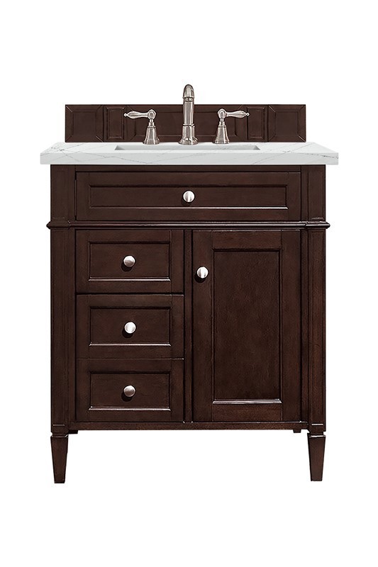 JAMES MARTIN 650-V30-BNM-3ENC BRITTANY 30 INCH SINGLE VANITY CABINET WITH ETHEREAL NOCTIS QUARTZ TOP - BURNISHED MAHOGANY