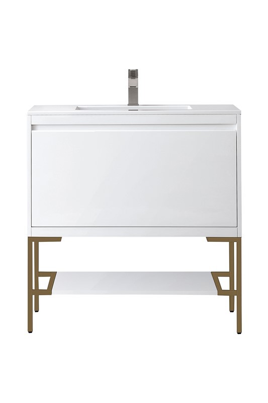 JAMES MARTIN 801V35.4GWRGDGW MILAN 35 3/8 INCH SINGLE VANITY CABINET WITH GLOSSY WHITE COMPOSITE TOP - GLOSSY WHITE