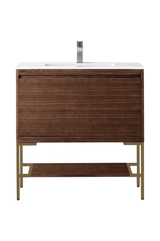 JAMES MARTIN 801V35.4WLTRGDGW MILAN 35 3/8 INCH SINGLE VANITY CABINET WITH GLOSSY WHITE COMPOSITE TOP - MID CENTURY WALNUT