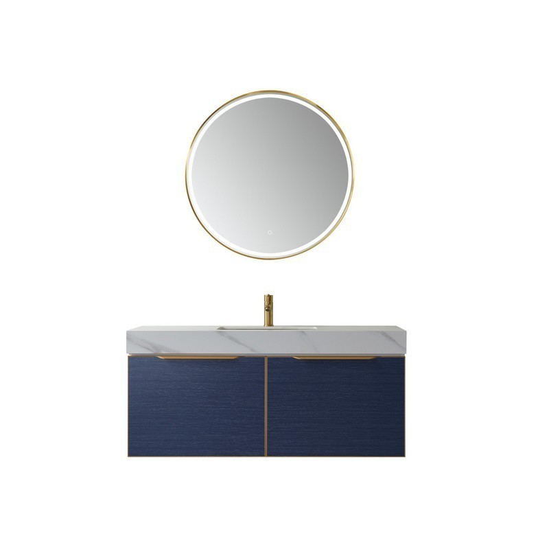 VINNOVA 701448-CB-SMB ALICANTE 48 INCH  VANITY IN CLASSIC BLUE WITH SNOW MOUNTAIN-WHITE STONE COUNTERTOP AND VESSEL SINK WITH MIRROR