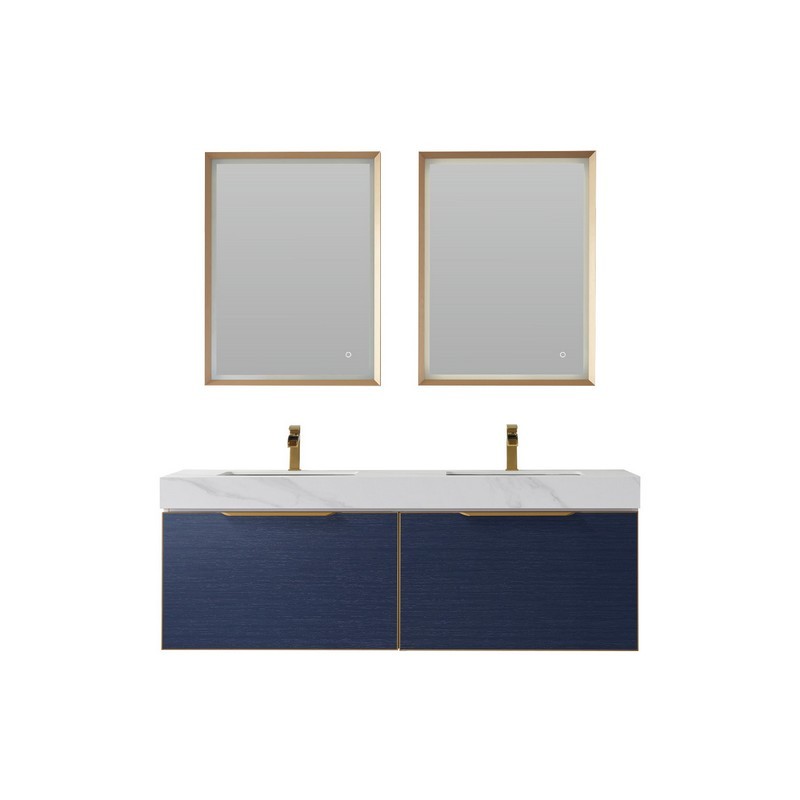 VINNOVA 701460-CB-SMB ALICANTE 60 INCH  VANITY IN CLASSIC BLUE WITH SNOW MOUNTAIN-WHITE STONE COUNTERTOP AND VESSEL SINK WITH MIRROR