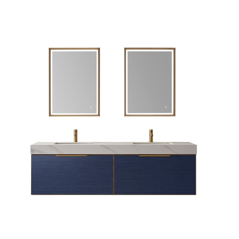 VINNOVA 701472-CB-SMB ALICANTE 72 INCH  VANITY IN CLASSIC BLUE WITH SNOW MOUNTAIN-WHITE STONE COUNTERTOP AND VESSEL SINK WITH MIRROR
