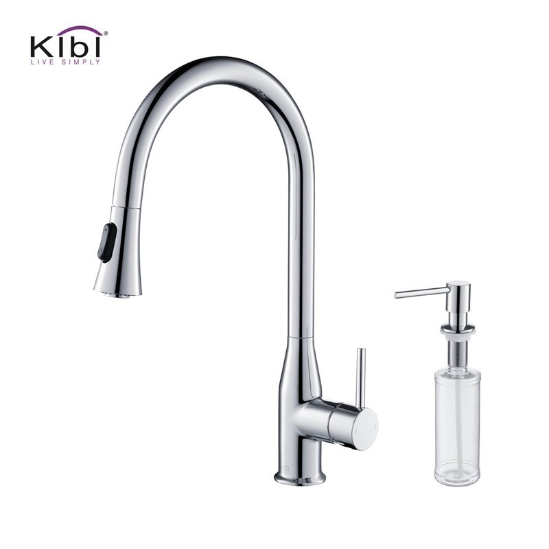 KIBI USA C-KKF2005-KSD100 NAPA 16 1/4 INCH SINGLE HOLE DECK MOUNT HIGH ARC PULL-OUT SINGLE LEVEL LEAD FREE BRASS KITCHEN FAUCET WITH SPRAYER AND SOAP DISPENSER