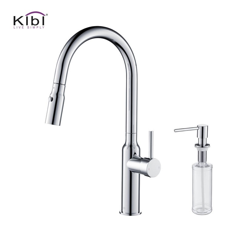 KIBI USA C-KKF2008-KSD100 HILO 17 INCH SINGLE HOLE DECK MOUNT HIGH ARC PULL-OUT SINGLE LEVEL LEAD FREE BRASS KITCHEN FAUCET WITH SPRAYER AND SOAP DISPENSER