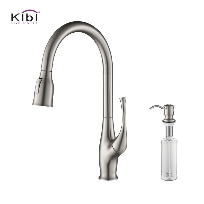 KIBI USA C-KKF2010-KSD101 CEDAR 16 3/4 INCH SINGLE HOLE DECK MOUNT HIGH ARC PULL-OUT SINGLE LEVEL LEAD FREE BRASS KITCHEN FAUCET WITH SPRAYER AND SOAP DISPENSER