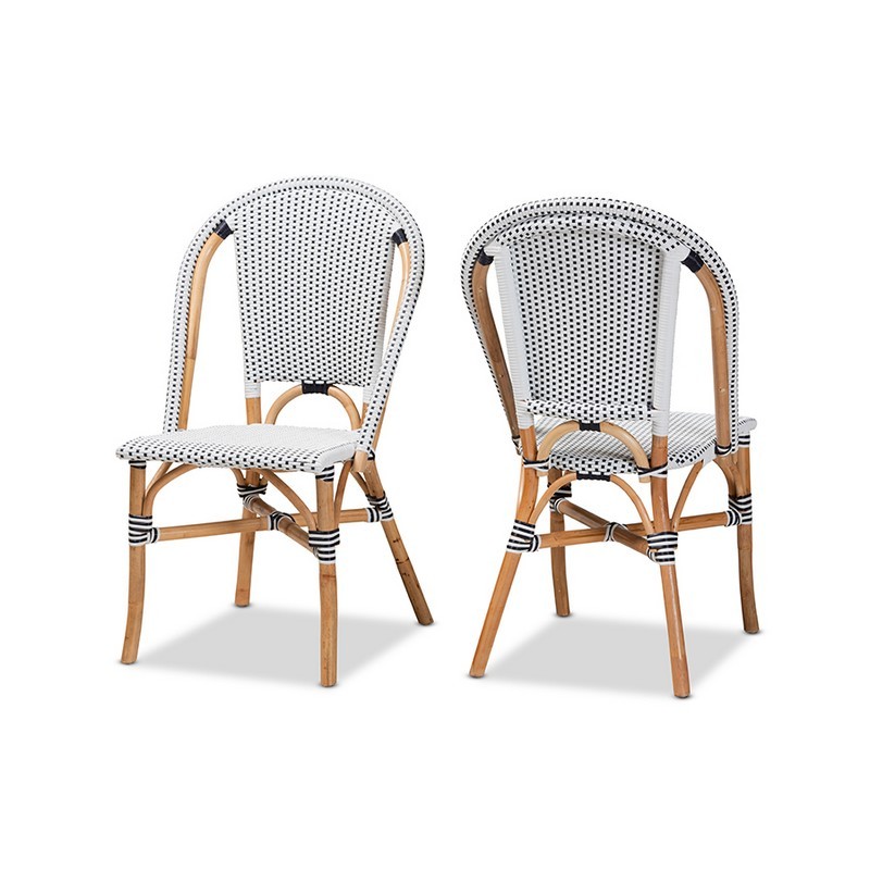 BAXTON STUDIO DC613-RATTAN-DC NO ARM GENICA 19 INCH CLASSIC FRENCH BLACK AND WHITE WEAVING AND NATURAL BROWN RATTAN 2-PIECE DINING CHAIR SET
