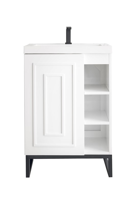 JAMES MARTIN E110V24GWMBKWG ALICANTE 23 5/8 INCH SINGLE VANITY CABINET WITH WHITE GLOSSY COMPOSITE COUNTERTOP - GLOSSY WHITE