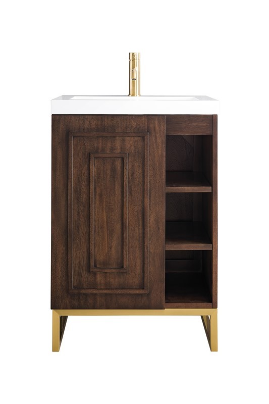 JAMES MARTIN E110V24MCARGDWG ALICANTE 23 5/8 INCH SINGLE VANITY CABINET WITH WHITE GLOSSY COMPOSITE COUNTERTOP - MID CENTURY ACACIA