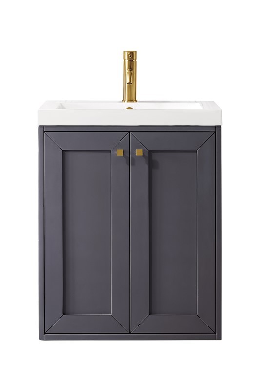 JAMES MARTIN E303V24MGWG CHIANTI 23 5/8 INCH SINGLE VANITY CABINET WITH WHITE GLOSSY COMPOSITE COUNTERTOP - MINERAL GREY