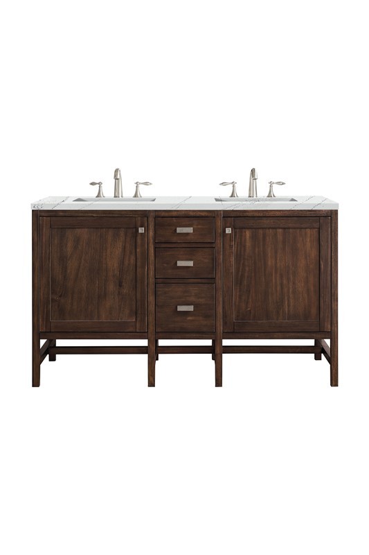 JAMES MARTIN E444-V60D-MCA-3ENC ADDISON 60 INCH DOUBLE VANITY CABINET WITH ETHEREAL NOCTIS QUARTZ TOP - MID CENTURY ACACIA