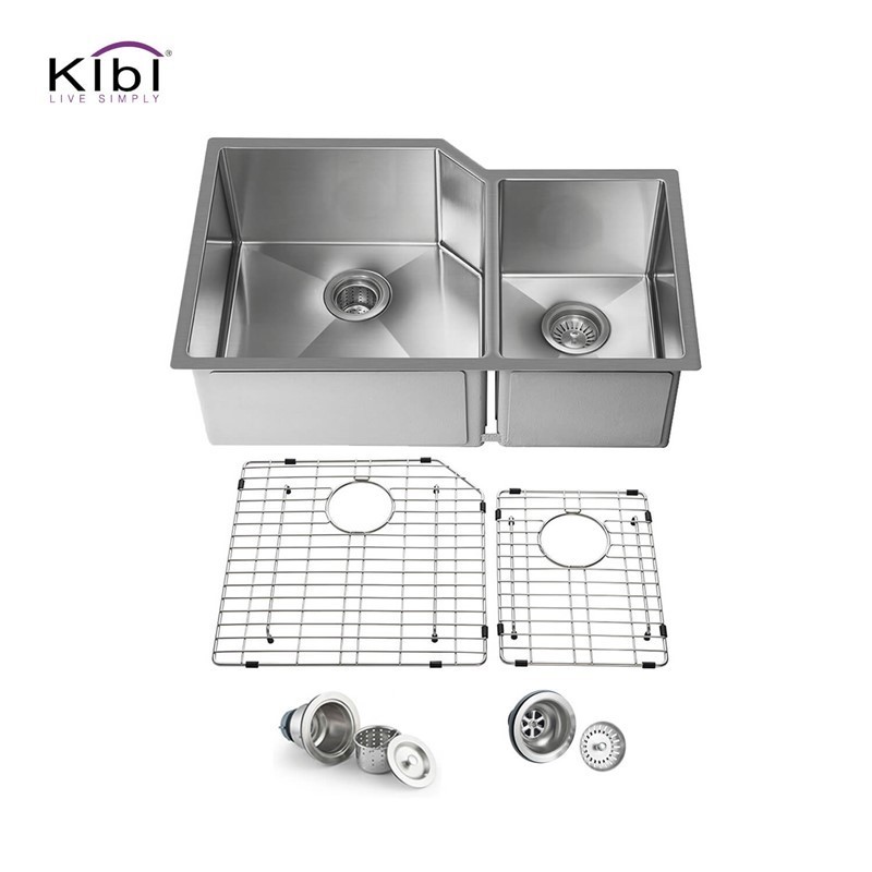 KIBI USA K1-D32 32 INCH HANDCRAFTED STAINLESS STEEL DOUBLE BASIN UNDERMOUNT KITCHEN SINK WITH STRAINERS AND GRIDS