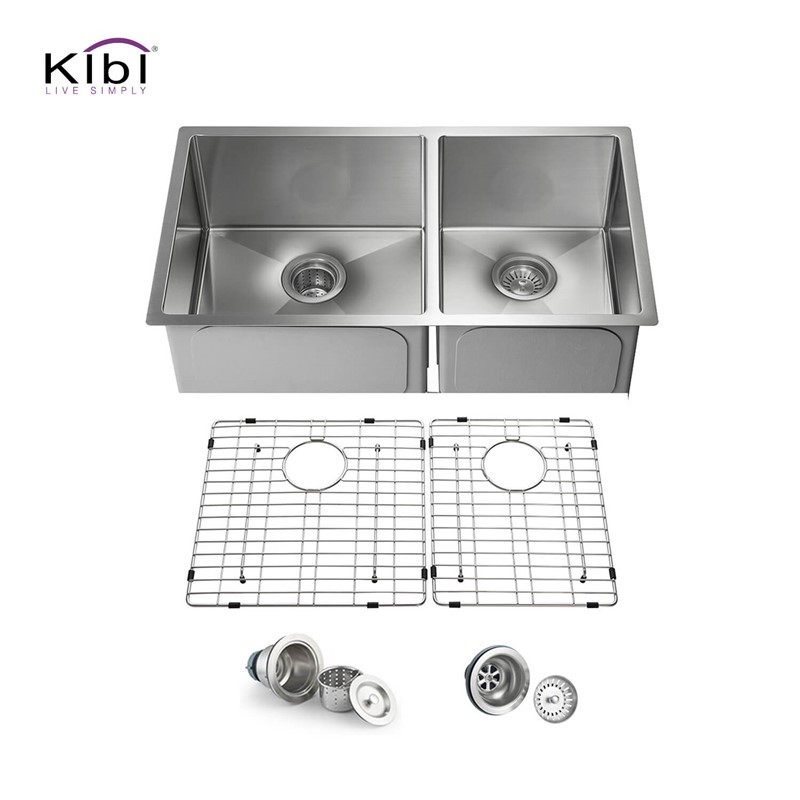 KIBI USA K1-D33-BS 32 3/4 INCH HANDCRAFTED UNDERMOUNT DOUBLE BOWL 60-40 STAINLESS STEEL KITCHEN SINK WITH STRAINERS AND GRIDS