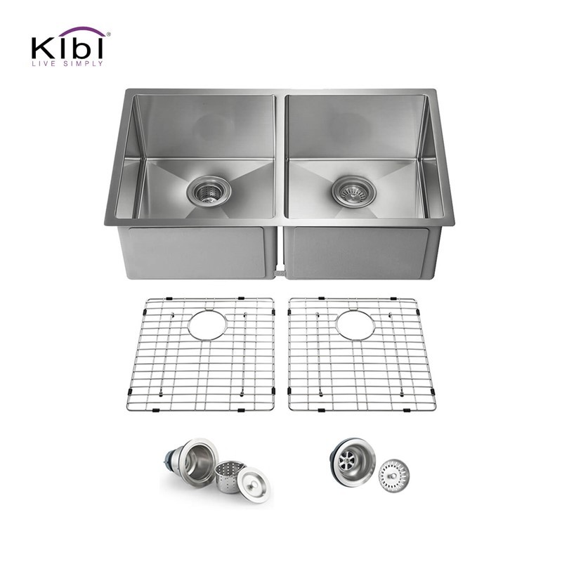 KIBI USA K1-D33-EQ 32 3/4 INCH HANDCRAFTED UNDERMOUNT DOUBLE BOWL 50-50 STAINLESS STEEL KITCHEN SINK WITH STRAINERS AND GRIDS