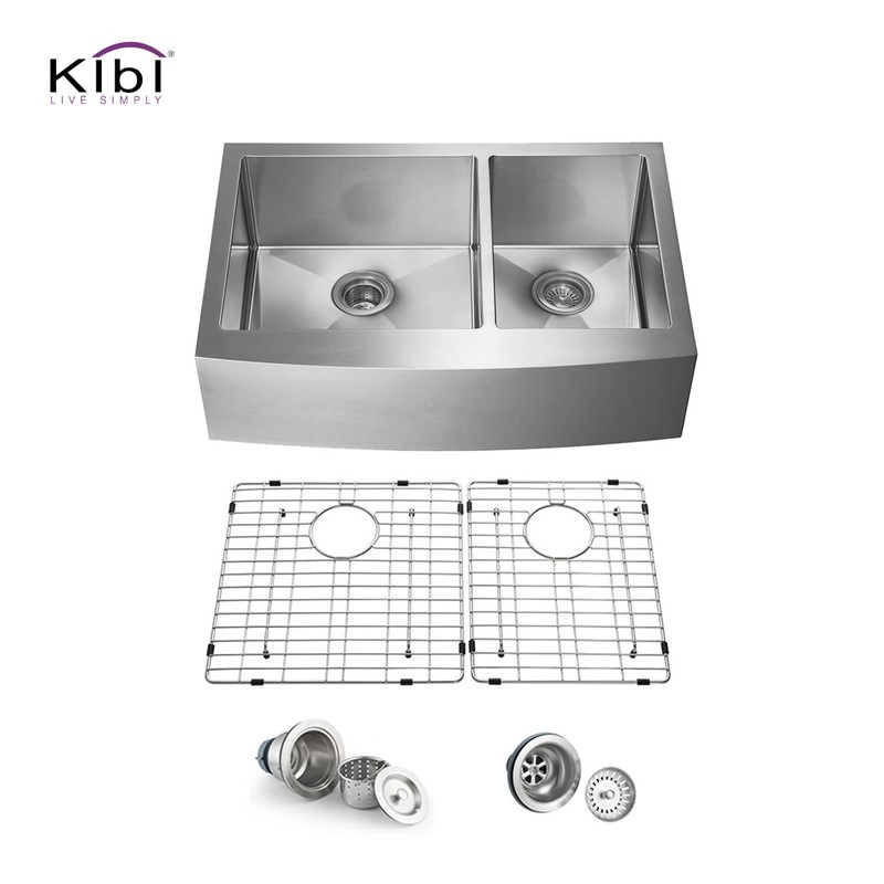 KIBI USA K1-DF33 33 INCH HANDCRAFTED FARMHOUSE APRON DOUBLE BOWL REAL 16 GAUGE STAINLESS STEEL KITCHEN SINK WITH STRAINER AND GRID