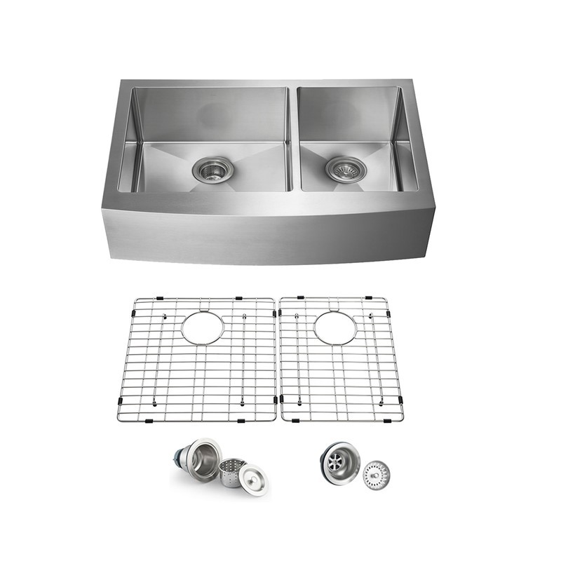KIBI USA K1-DF36 36 INCH HANDCRAFTED FARMHOUSE APRON DOUBLE BOWL REAL 16 GAUGE STAINLESS STEEL KITCHEN SINK WITH STRAINER AND GRID