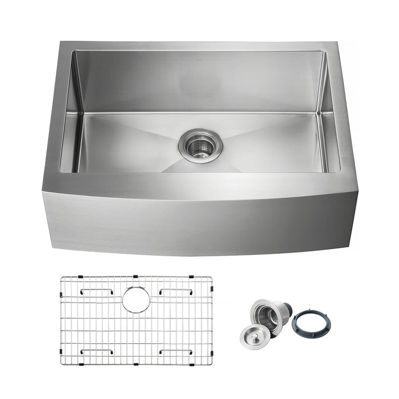 KIBI USA K1-SF30 30 INCH HANDCRAFTED FARMHOUSE APRON SINGLE BOWL REAL 16 GAUGE STAINLESS STEEL KITCHEN SINK WITH STRAINER AND GRID