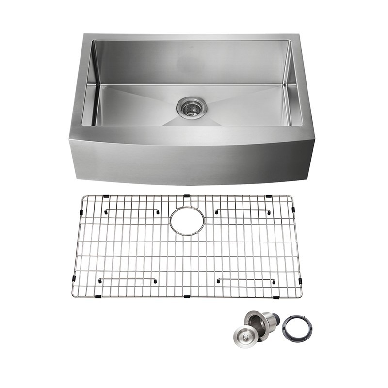 KIBI USA K1-SF33 33 INCH HANDCRAFTED FARMHOUSE APRON SINGLE BOWL REAL 16 GAUGE STAINLESS STEEL KITCHEN SINK WITH STRAINER AND GRID