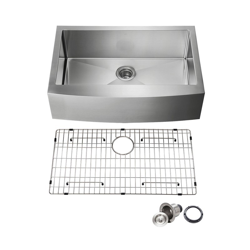 KIBI USA K1-SF36 36 INCH HANDCRAFTED FARMHOUSE APRON SINGLE BOWL REAL 16 GAUGE STAINLESS STEEL KITCHEN SINK WITH STRAINER AND GRID