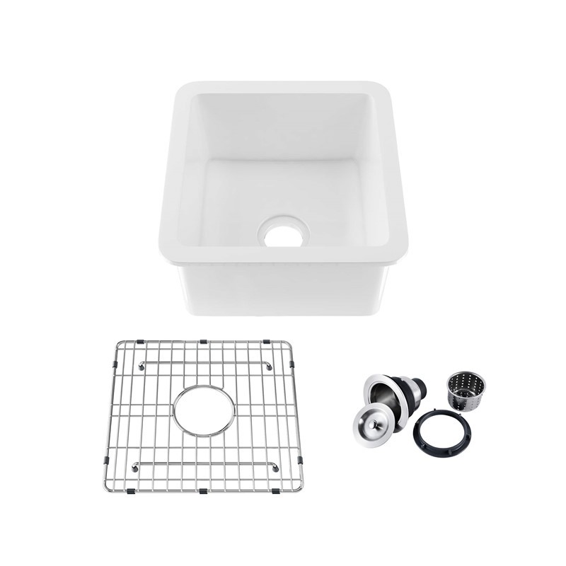 KIBI USA K2-S18SQ CUBIC 18 INCH FIRECLAY FARMHOUSE UNDERMOUNT KITCHEN SINK WITH BOTTOM GRID AND STRAINER - WHITE