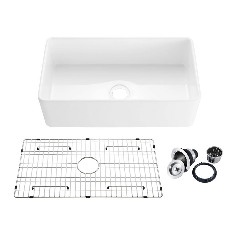 KIBI USA K2-SF33 PURE 33 INCH FIRECLAY FARMHOUSE UNDERMOUNT KITCHEN SINK WITH BOTTOM GRID AND STRAINER - WHITE