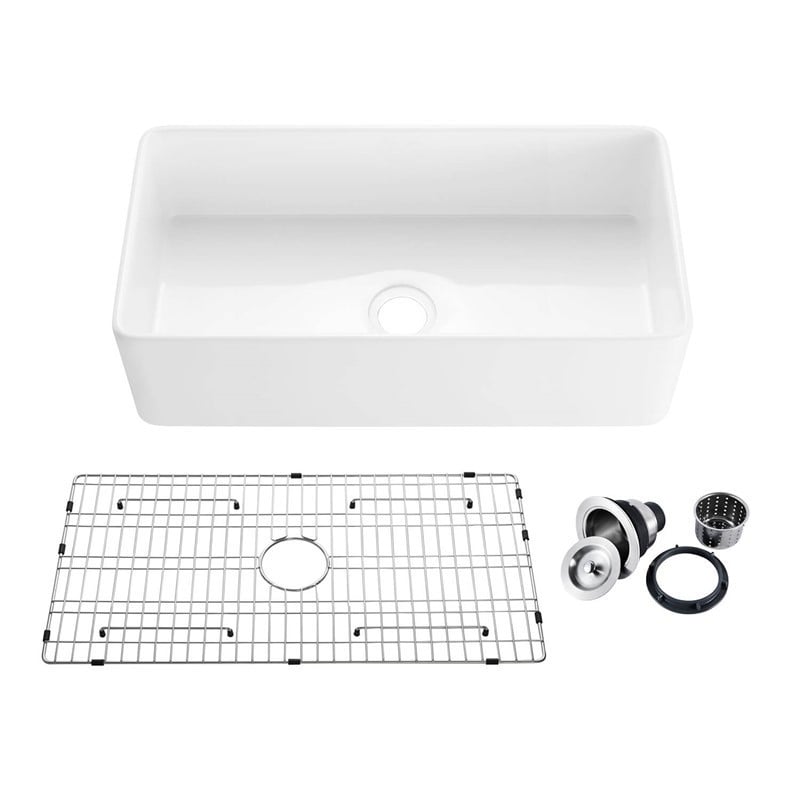 KIBI USA K2-SF36 PILLAR 36 INCH FIRECLAY FARMHOUSE UNDERMOUNT KITCHEN SINK WITH BOTTOM GRID AND STRAINER - WHITE