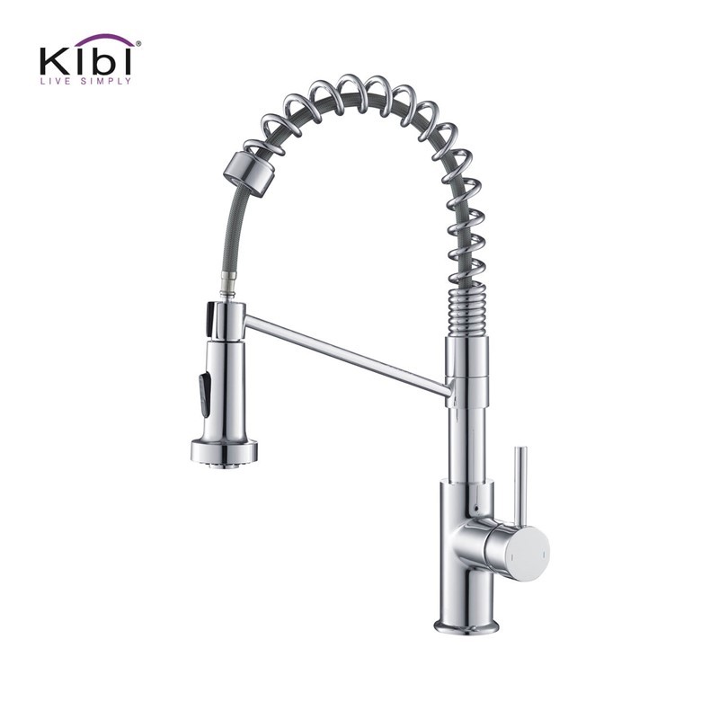 KIBI USA KKF2004 LODI 19 1/8 INCH SINGLE HOLE DECK MOUNT PULL-OUT SINGLE LEVEL LEAD FREE BRASS KITCHEN FAUCET WITH SPRAYER AND MAGNETIC DOCKING