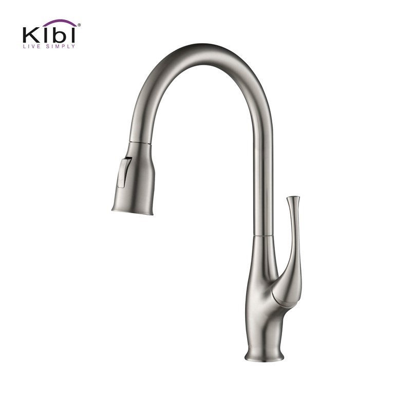 KIBI USA KKF2010 CEDAR 16 3/4 INCH SINGLE HOLE DECK MOUNT HIGH ARC PULL-OUT SINGLE LEVEL LEAD FREE BRASS KITCHEN FAUCET WITH SPRAYER AND MAGNETIC DOCKING