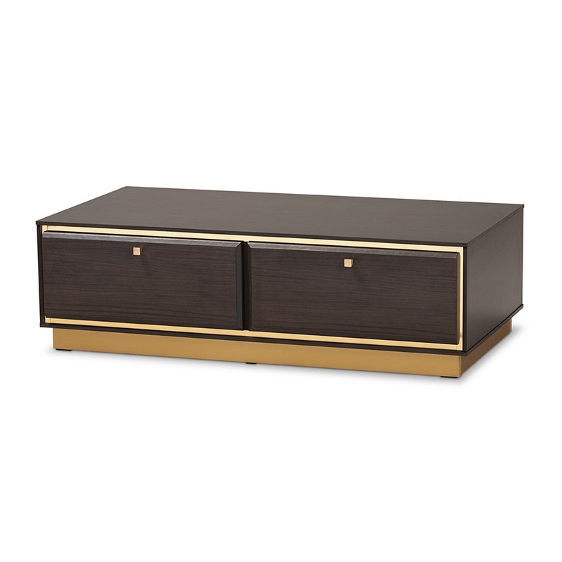 BAXTON STUDIO LV28CFT28140-MODI WENGE-CT CORMAC 41.3 INCH MID-CENTURY MODERN TRANSITIONAL DARK BROWN FINISHED WOOD AND GOLD METAL 2-DRAWER COFFEE TABLE