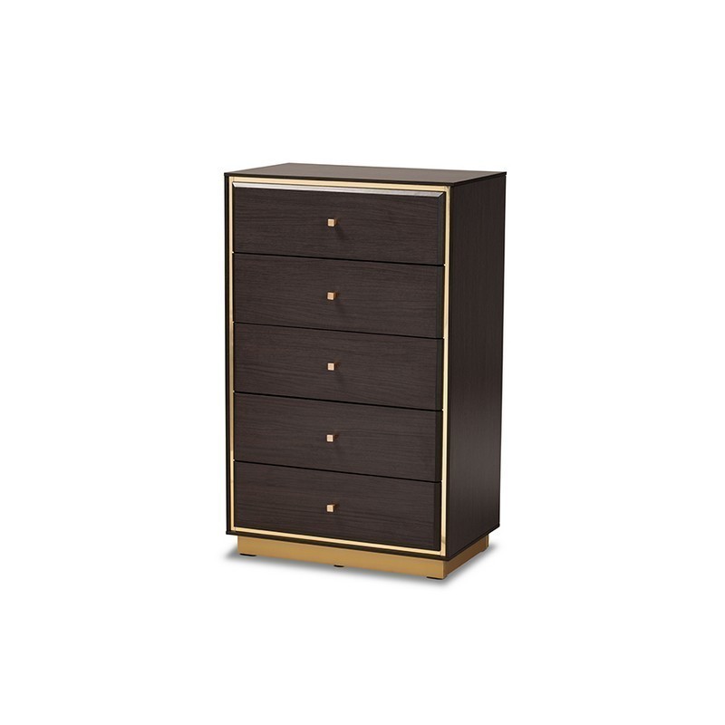 BAXTON STUDIO LV28COD28231-MODI WENGE-5DW-CHEST CORMAC 25.6 INCH MID-CENTURY MODERN TRANSITIONAL DARK BROWN FINISHED WOOD AND GOLD METAL 5-DRAWER STORAGE CHEST