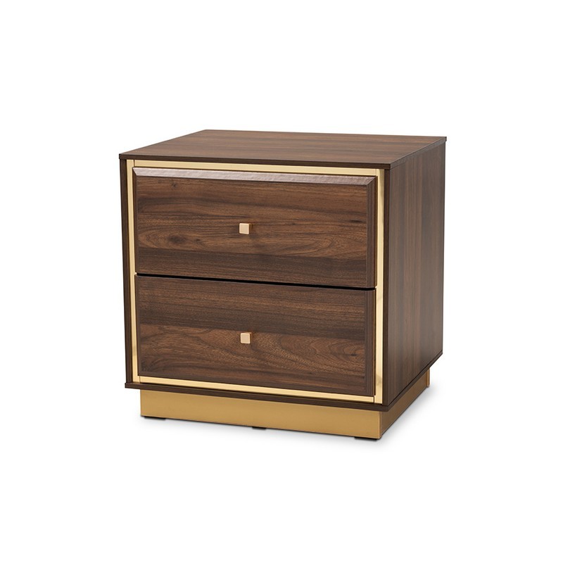 BAXTON STUDIO LV28ST28240-WALNUT-NS CORMAC 18.9 INCH MID-CENTURY MODERN TRANSITIONAL WALNUT BROWN FINISHED WOOD AND GOLD METAL 2-DRAWER NIGHTSTAND