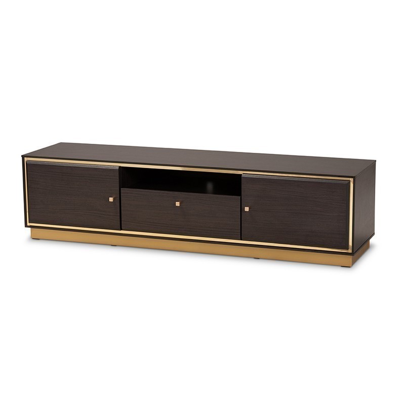 BAXTON STUDIO LV28TV28120-MODI WENGE-TV CORMAC 63 INCH MID-CENTURY MODERN TRANSITIONAL DARK BROWN FINISHED WOOD AND GOLD METAL 2-DOOR TV STAND