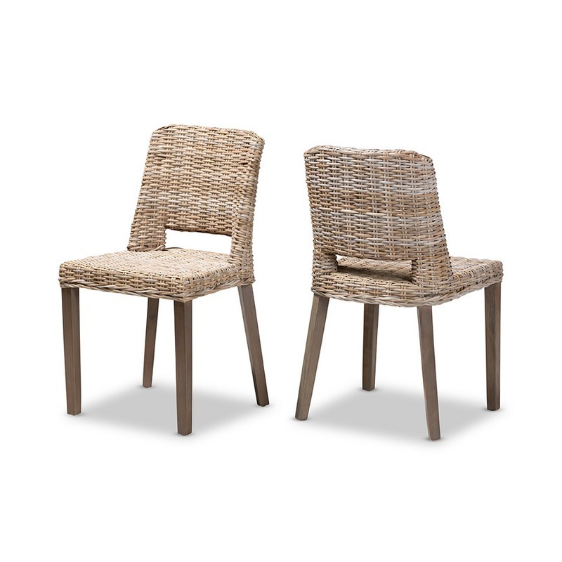 BAXTON STUDIO MAGY-GREY NATURAL-DC MAGY 19.7 INCH MODERN BOHEMIAN GREY RATTAN AND NATURAL BROWN FINISHED WOOD 2-PIECE DINING CHAIR SET