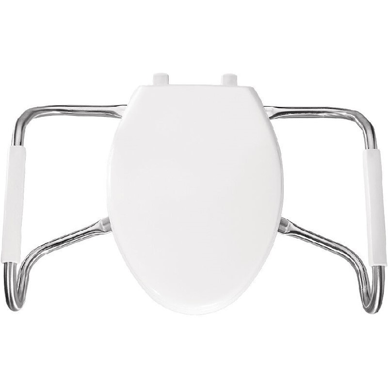BEMIS MA2150T 000 18 5/8 INCH ELONGATED OPEN FRONT MEDIC-AID PLASTIC TOILET SEAT WITH COVER, STA-TITE, DURAGUARD AND STAINLESS STEEL SAFETY SIDE ARMS - WHITE