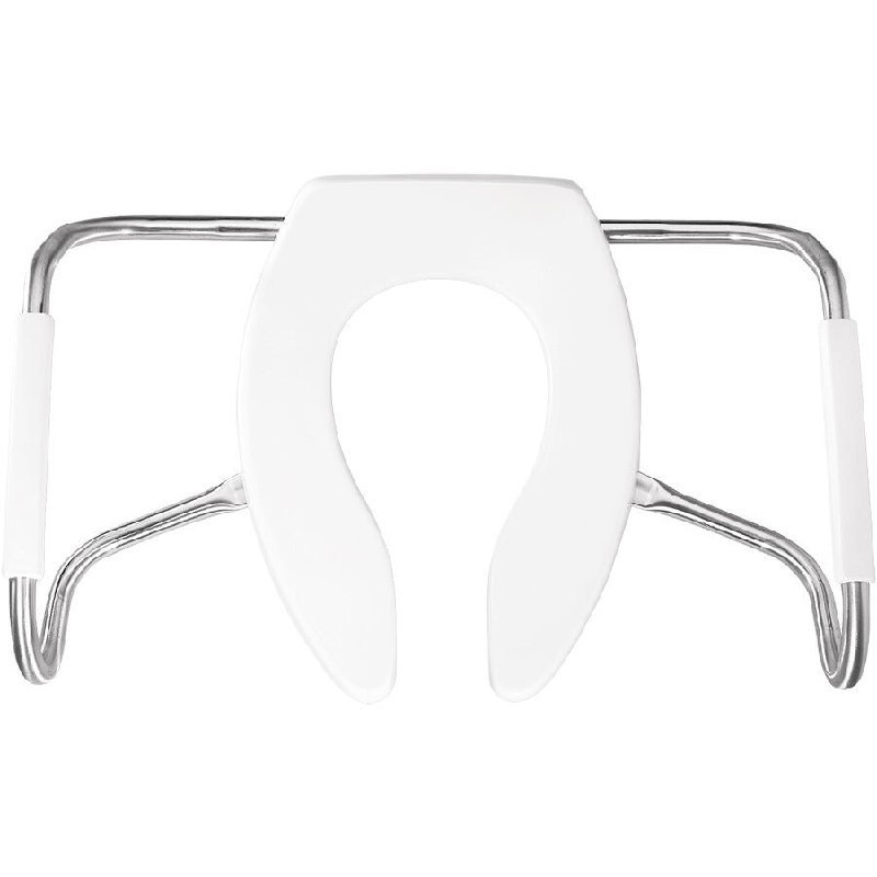 BEMIS MA2155T 000 18 1/2 INCH ELONGATED OPEN FRONT LESS COVER MEDIC-AID PLASTIC TOILET SEAT WITH STA-TITE, DURAGUARD AND STAINLESS STEEL SAFETY SIDE ARMS - WHITE