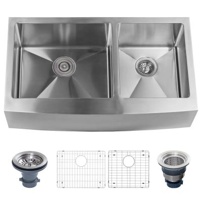 MISENO MNO163320F6040 32 7/8 INCH DOUBLE BASIN UNDERMOUNT STAINLESS STEEL KITCHEN SINK WITH APRON FRONT - STAINLESS STEEL