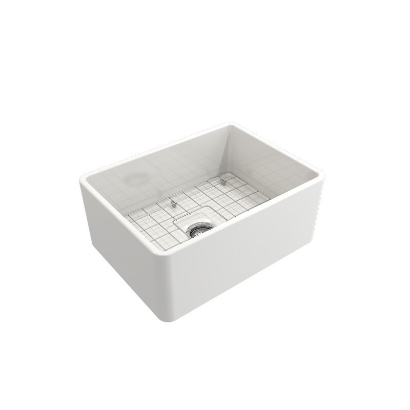 BOCCHI 1137-2024 KIT: 1137 CLASSICO FARMHOUSE APRON FRONT FIRECLAY 24 INCH SINGLE BOWL KITCHEN SINK WITH PROTECTIVE BOTTOM GRID AND STRAINER WITH PAGANO 2.0 FAUCET