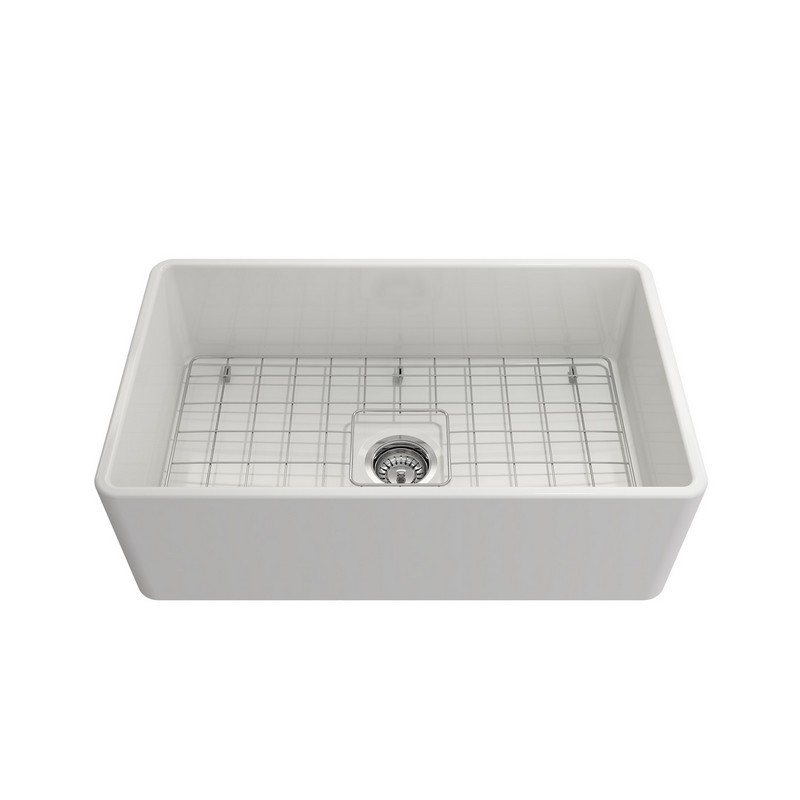 BOCCHI 1138-2020 KIT: 1138 CLASSICO FARMHOUSE APRON FRONT FIRECLAY 30 INCH SINGLE BOWL KITCHEN SINK WITH PROTECTIVE BOTTOM GRID AND STRAINER WITH LIVENZA 2.0 FAUCET