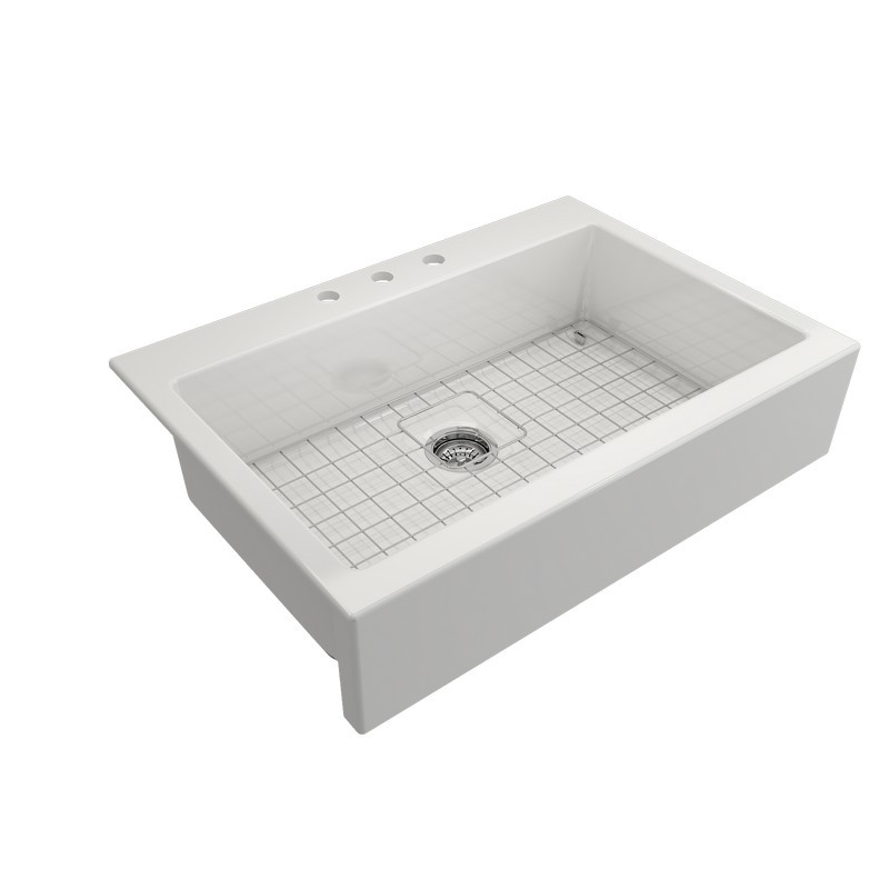 BOCCHI 1500-2020 KIT: 1500 NUOVA APRON FRONT DROP-IN FIRECLAY 34 INCH SINGLE BOWL KITCHEN SINK WITH PROTECTIVE BOTTOM GRID AND STRAINER & CUTTING BOARD WITH LIVENZA 2.0 FAUCET