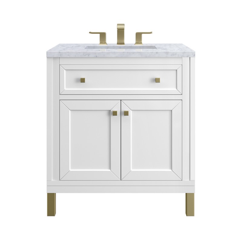 JAMES MARTIN 305-V30-GW-3AF CHICAGO 30 INCH GLOSSY WHITE SINGLE SINK VANITY WITH 3 CM ARCTIC FALL TOP