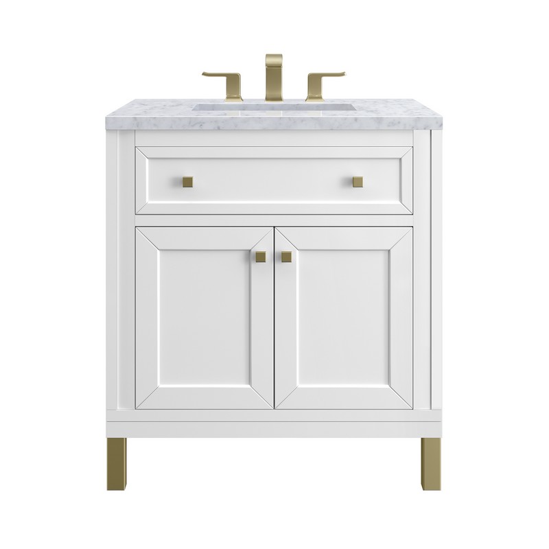 JAMES MARTIN 305-V30-GW-3CAR CHICAGO 30 INCH GLOSSY WHITE SINGLE SINK VANITY WITH 3 CM CARRARA MARBLE TOP