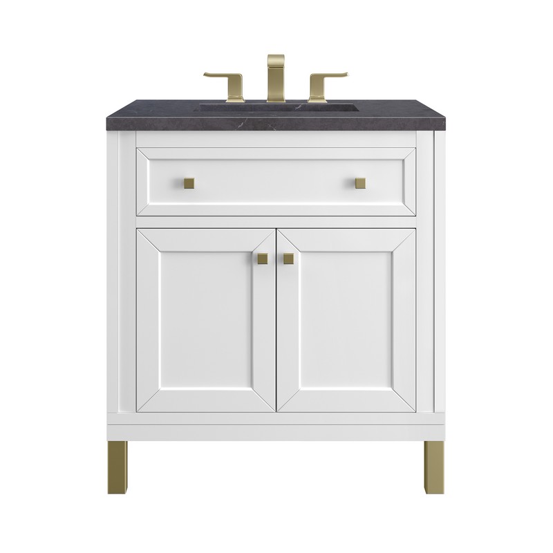 JAMES MARTIN 305-V30-GW-3CSP CHICAGO 30 INCH GLOSSY WHITE SINGLE SINK VANITY WITH 3 CM CHARCOAL SOAPSTONE TOP