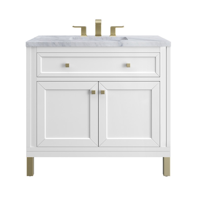 JAMES MARTIN 305-V36-GW-3CAR CHICAGO 36 INCH GLOSSY WHITE SINGLE SINK VANITY WITH 3 CM CARRARA MARBLE TOP
