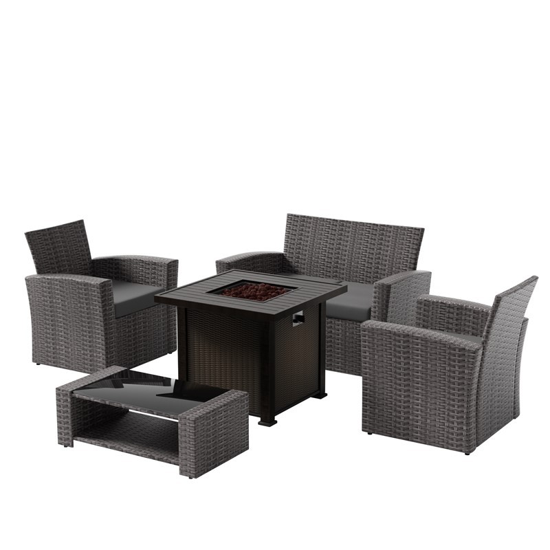 WESTIN FURNITURE OP117-GY 4-PIECE CONVERSATION OUTDOOR PATIO SOFA SET WITH SQUARE FIRE PIT TABLE
