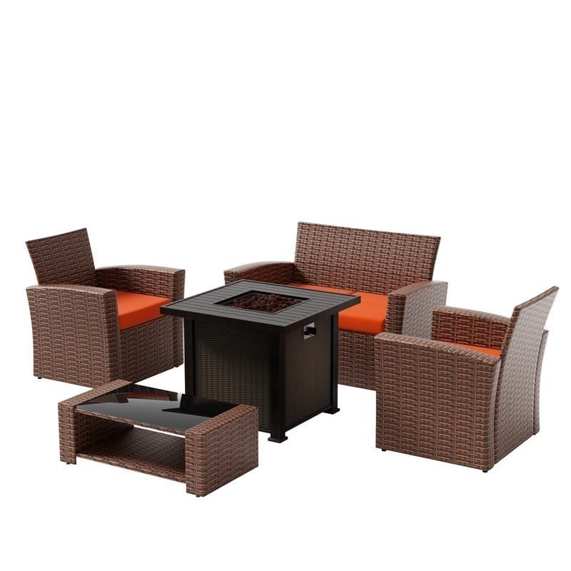 WESTIN FURNITURE OP118-BR 4-PIECE CONVERSATION OUTDOOR PATIO SOFA SET WITH SQUARE FIRE PIT TABLE