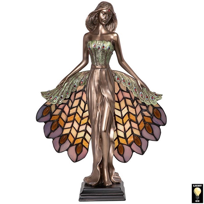 DESIGN TOSCANO PD81100 10 1/2 INCH PEACOCK PRIESTESS STAINED GLASS LAMP