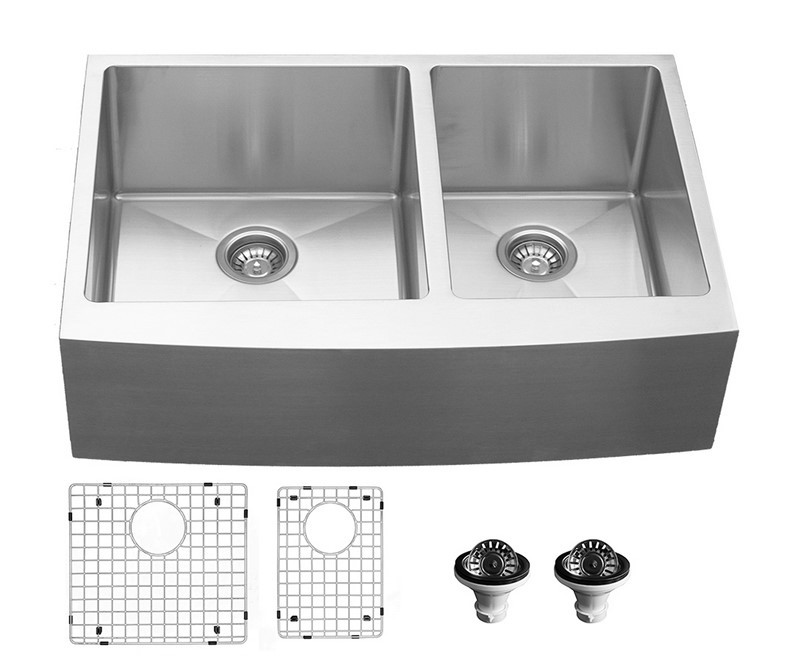 KARRAN EL-86-PK1 ELITE 33 INCH FARMHOUSE APRON FRONT DOUBLE BOWL STAINLESS STEEL KITCHEN SINK WITH GRID AND BASKET STRAINER - SATIN BRUSHED